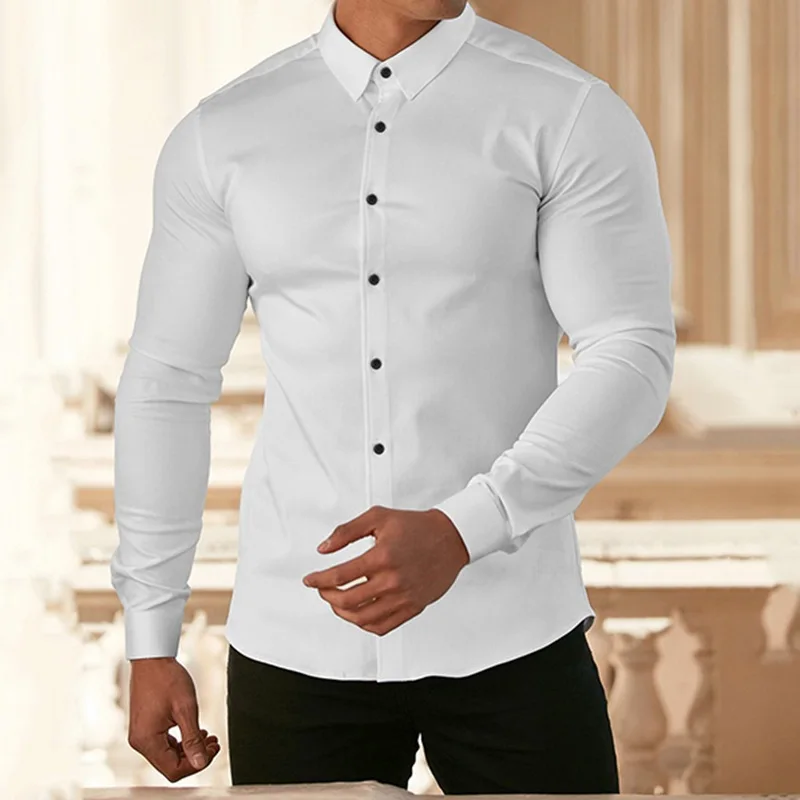 Fitness Men\'s Business Shirt Non-ironing Professional Work Summer Anti-Wrinkle White Shirt Men\'s Long-Sleeved Shirt