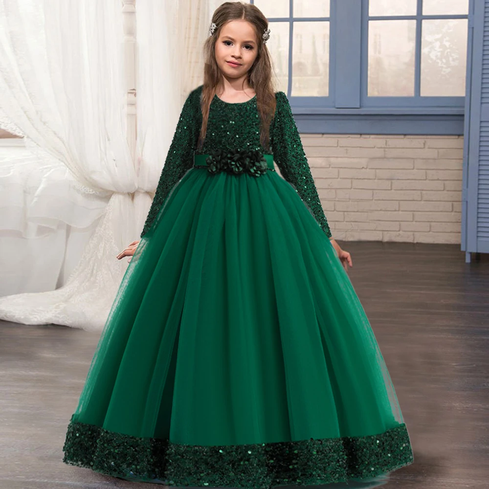 

Christmas Dress For Kids Girls Pageant Party Evening Clothes For Children Long Sleeve Princess Teen Wedding Costume Vestidos