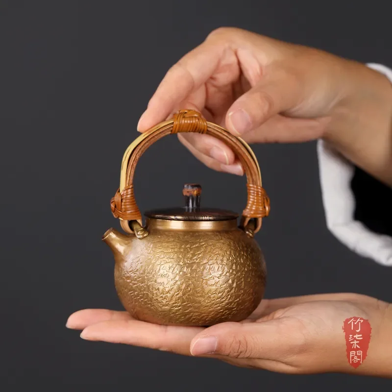 Handmade Hammered Copper Teapot with Bamboo Handle Traditional Xishi Style Kung Fu Tea Set for Home Brewing Pure Red Copper