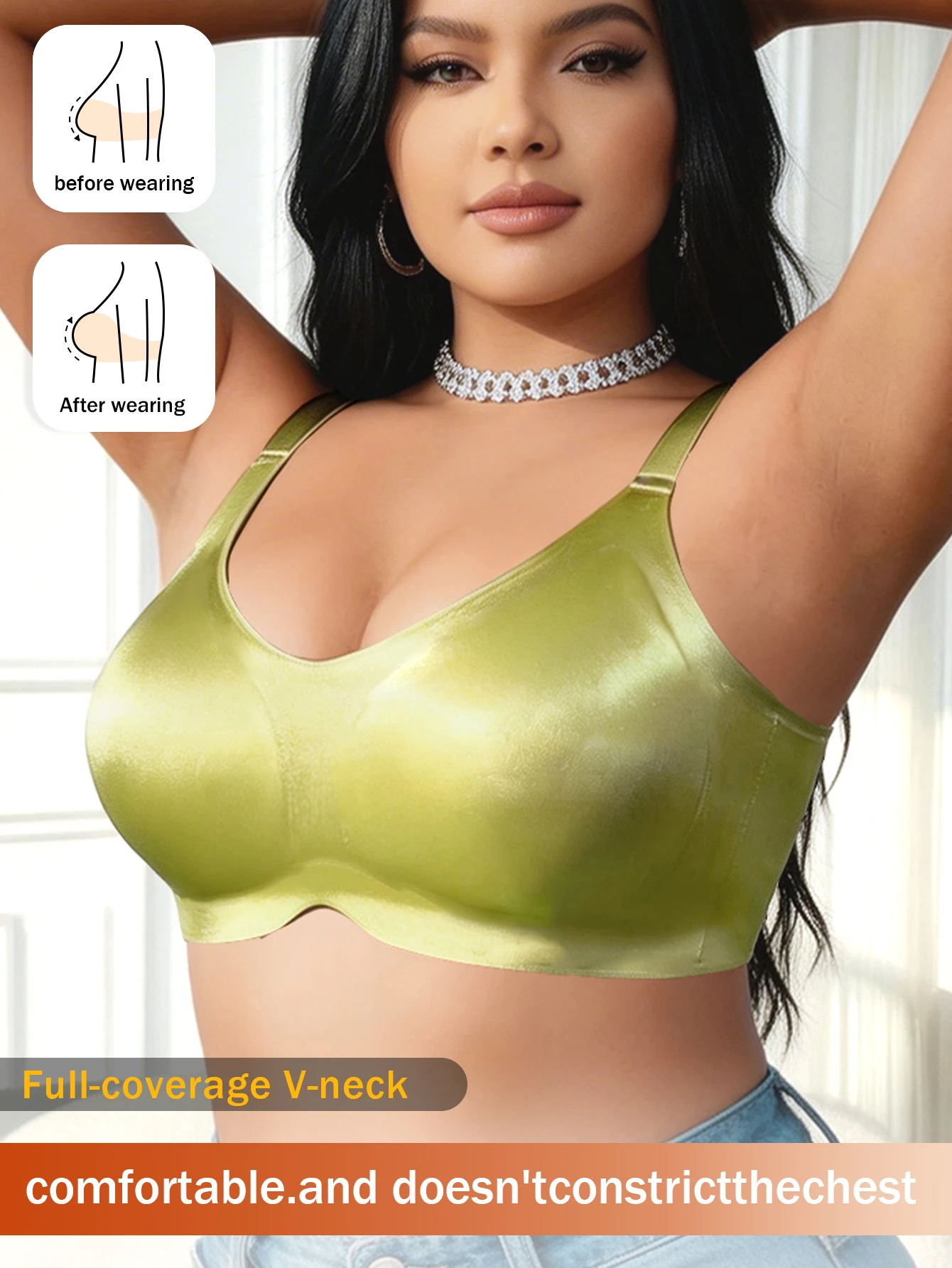 Women's V-Neck Wireless Plus Size Everyday Bra Solid Color Soft-Glow Fabric Adjustable Wide Straps Seamless Back Smoothing image 3