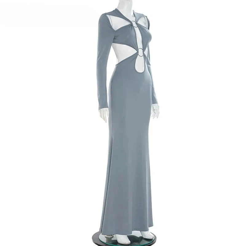 BWQ Women Cutout Roll Splicing Long Sleeve Bodycon Midi Maxi Long Dress 2025 Fall Vacation Party Birthday Dresses Vestidos