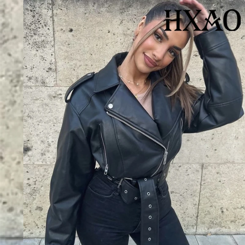 

HXAO Women's Cropped Black Jacket Outerwears Demi-Season Faux Leather Jacket Woman Long Sleeve Women's Moto Biker Zipper Jacket