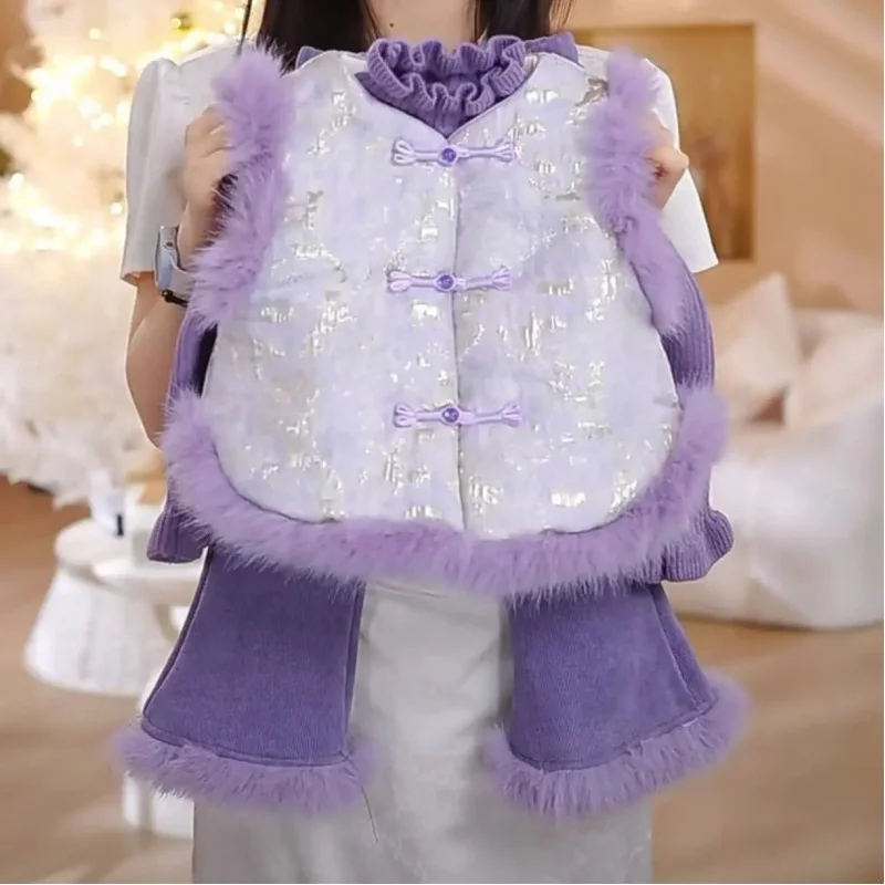 

Girls' Purple Vest Autumn Winter New National Style Cheongsam Baby Girl Vest Pants Chinese Style Children's Set