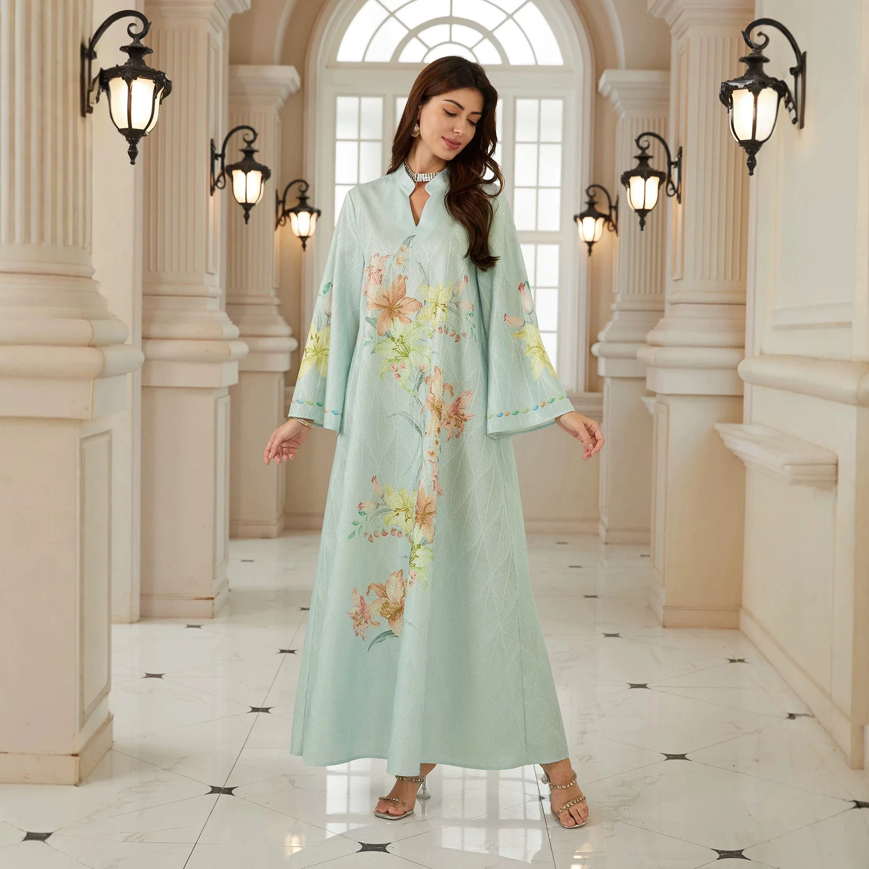Eid Dress Abaya Women Flower Print Party Dresses Muslim Diamonds Vestidos Arab Long Robe Jalabiya Ramadan Morocco Dubai Kaftan 3
