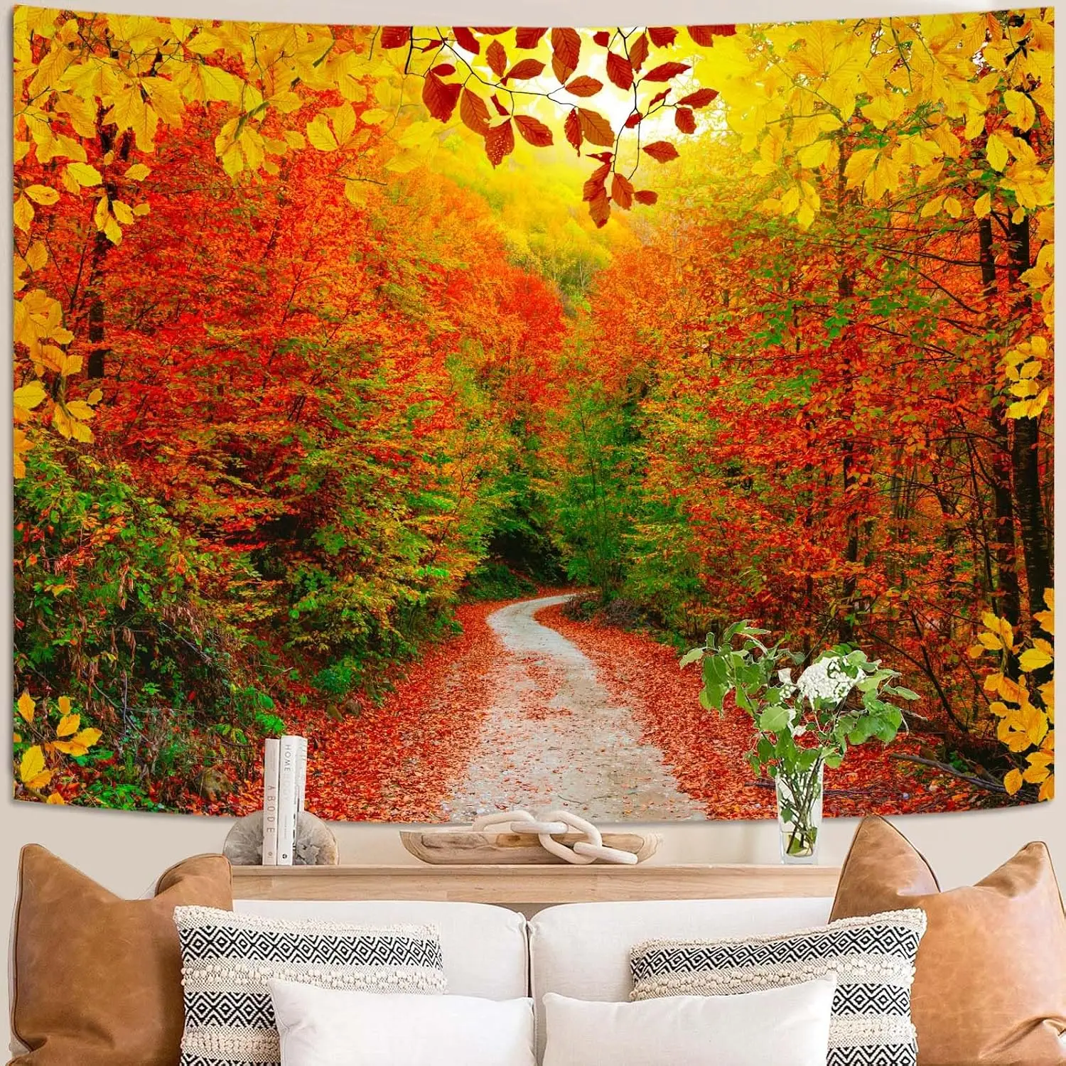 Wall Hanging Bedroom Tapestry Autumn Forest Nature Fall Tree Thanksgiving Path Yellow Red Fallen Leaves Aesthetic