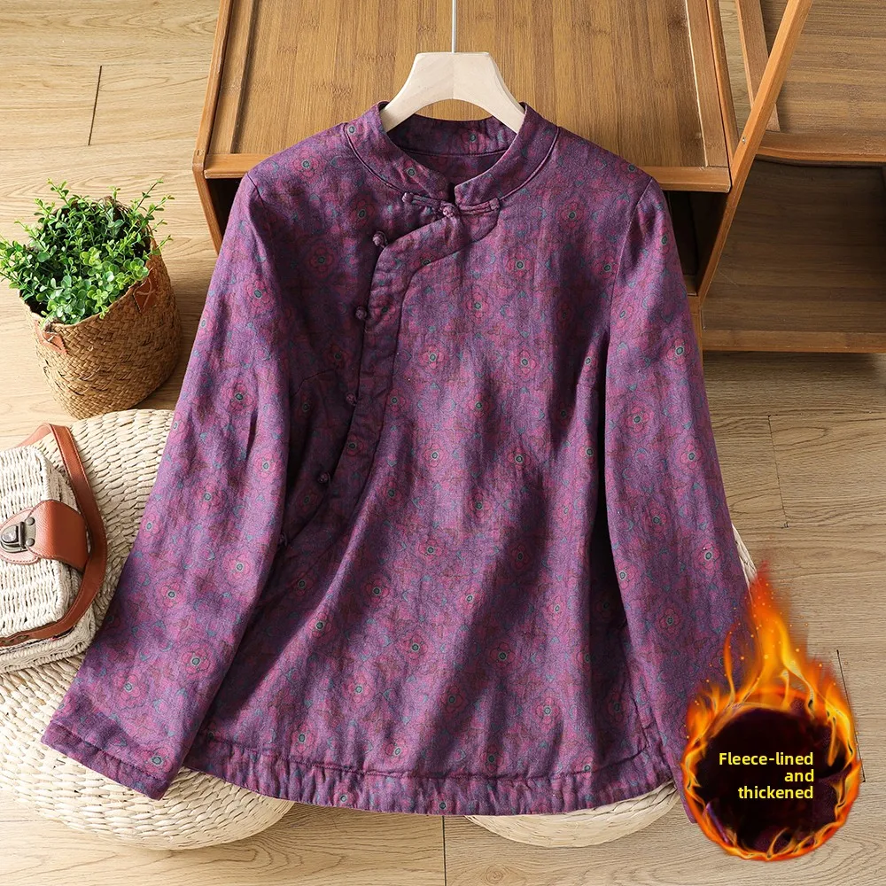 Elegant Fleece Lined Chinese Style Vintage Artistic Printed Side Buttoned Stand Collar Women's Open Cardigan Winter Cotton Coat