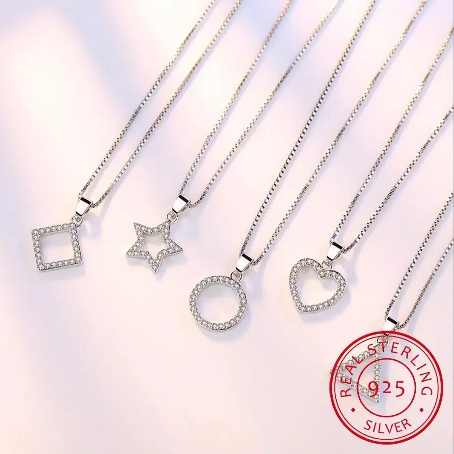 925 prata esterlina 5 modle cristal zircon estrela coração círculo quadrado pingente colar para mulher combinar 45cm corrente gargantilha kolye