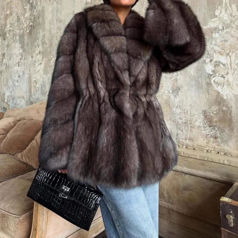 럭셔리 그라데이션 플레어 슬리브 인조 모피 코트 여성용 라펠 루즈 따뜻한 고급 인조 모피 코트 겨울 하이 스트리트 재킷