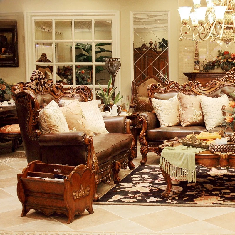 Solid wood leather sofa combination style living room villa luxury 123 three-person sofa combination