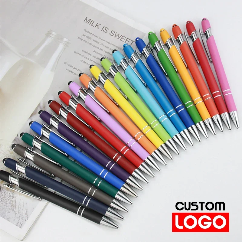 Stylo à bille en métal avec logo personnalisé, stylo à écran tactile, stylo publicitaire pour le bureau et l'école, gravure laser de texte, vente en gros, 20-200 stylos