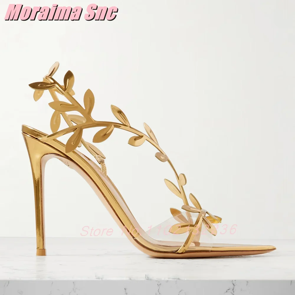 

Golden Leaves Decor Clear PVC Sandals Stiletto High Heels Slingback Pointed Open Toe Sexy Fashion Women's Dress Shoes Sandals