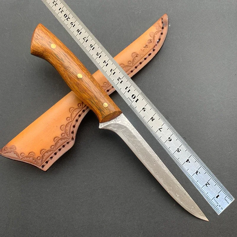 RHON 4inch Full Tang Boning Knife VG10 Damascus Steel Rose Wood Handle Kitchen Rib Bone Slaughter Ham Knives With Leather Sheath