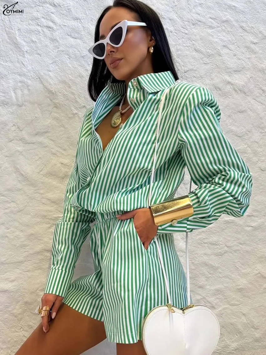 Oymimi Fashion Pink Print Sets Woman 2 Piece Elegant Long Sleeve Single Breasted Shirts And High Waisted Pockets Shorts Sets