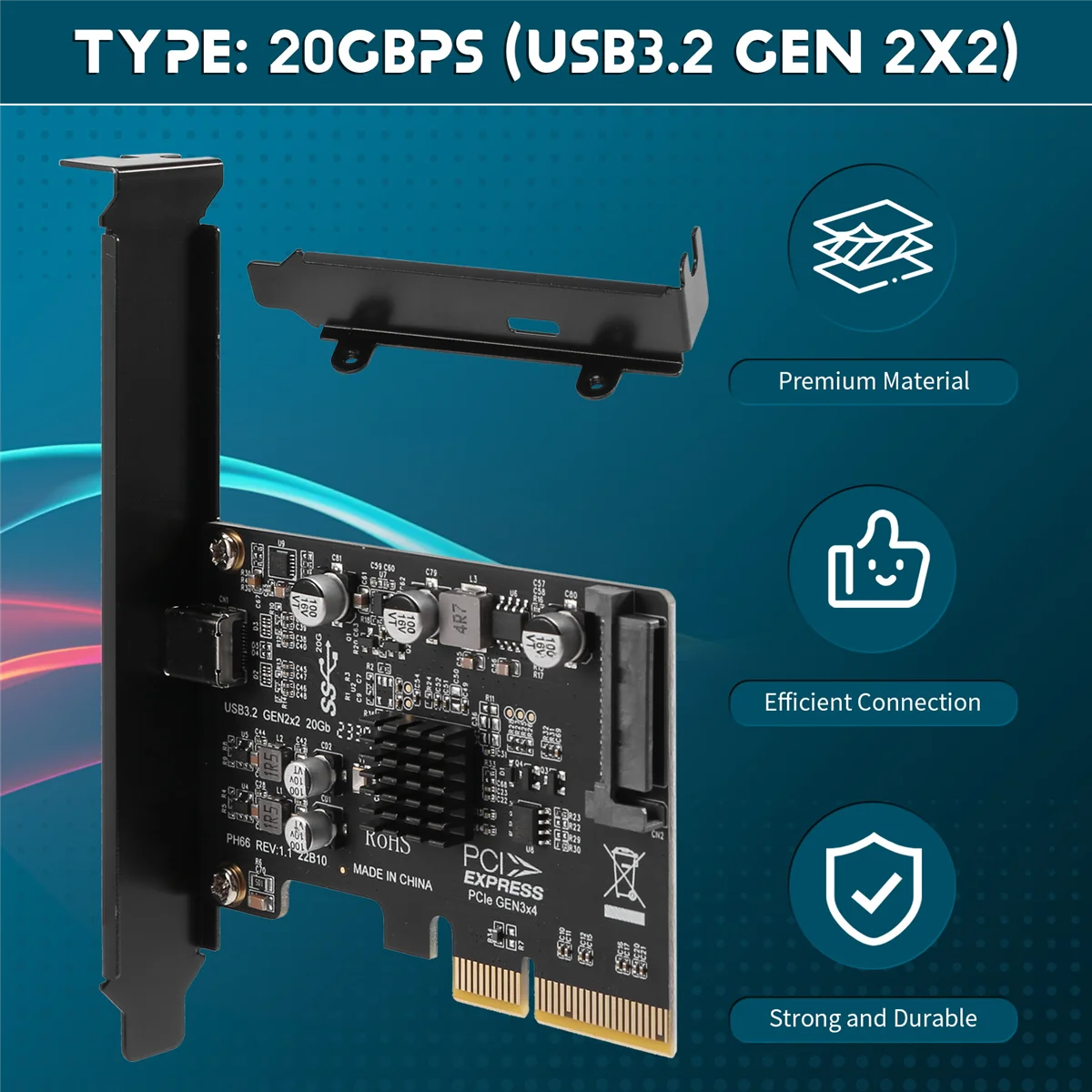 AT41USB PCIE Card Type C PCI-Express 4X to USB 3.2 Gen 2X2 (20Gbps) ASM3242 Chipset for Windows 8/10/Linux