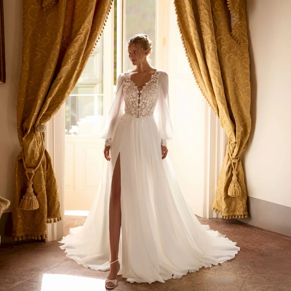

Boho A Line Wedding Dresses Bride Detachable Sleeve V-Neck Applique Split Bridal Gowns Chiffon vestidos de noiva Customized