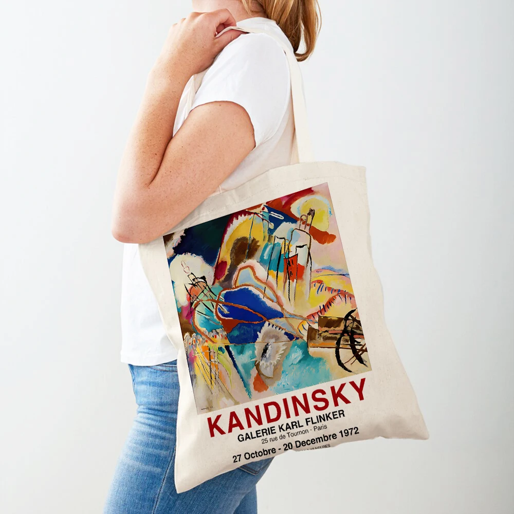 Kandinsky-Bolso Modular abstracto de acuarela para mujer, bolsa de mano reutilizable, informal, de lona, con doble impresión