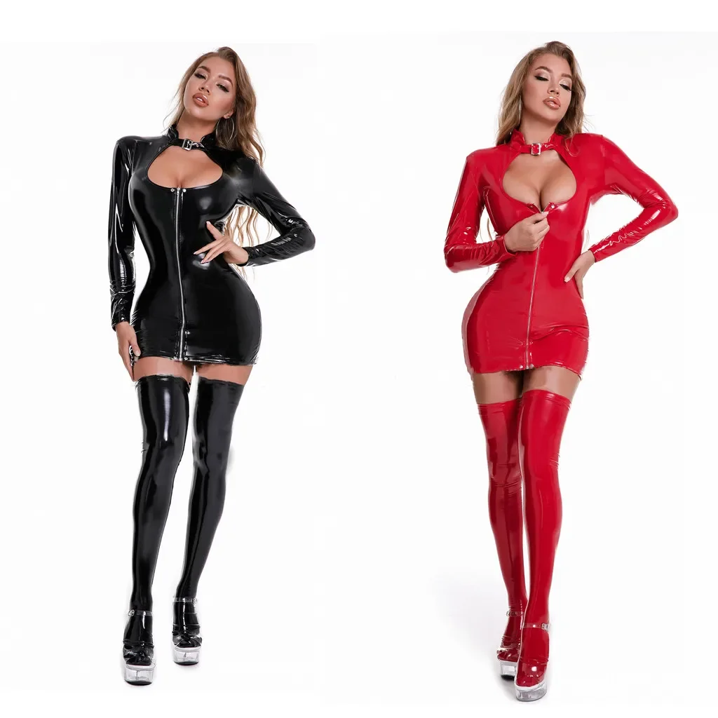 Women Sexy Wetlook Leather Sheath Dress Female Erotic Opening Crotch Bag Hip Skirt Glossy Shaping Latex Waist Mini Skirt Socks