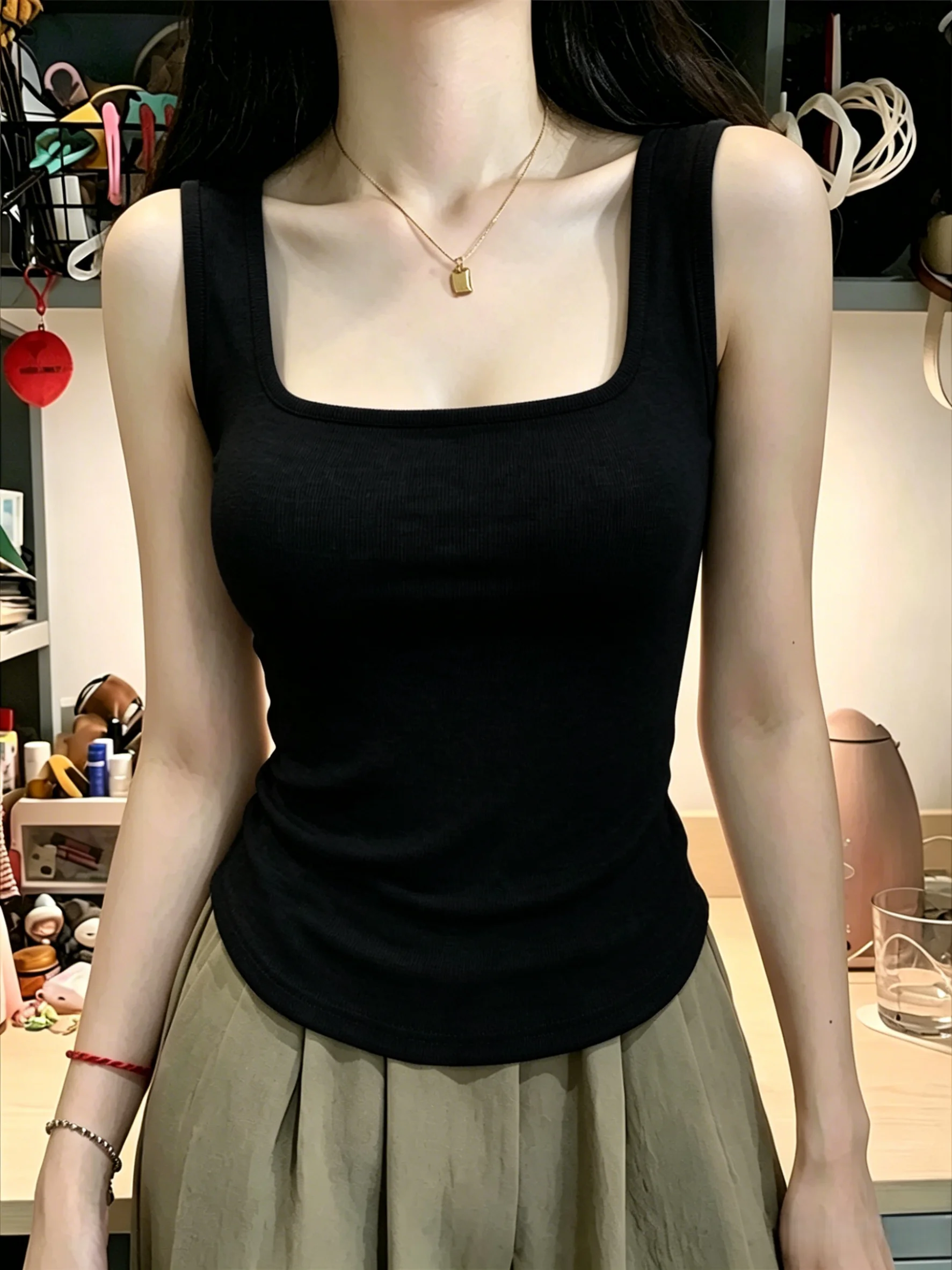 

Low-Neck Strap Vest Women's Spring Summer Large Size Slim Fit Sleeveless Top for Underwear And Outerwear Cotton 95% Spandex 5%