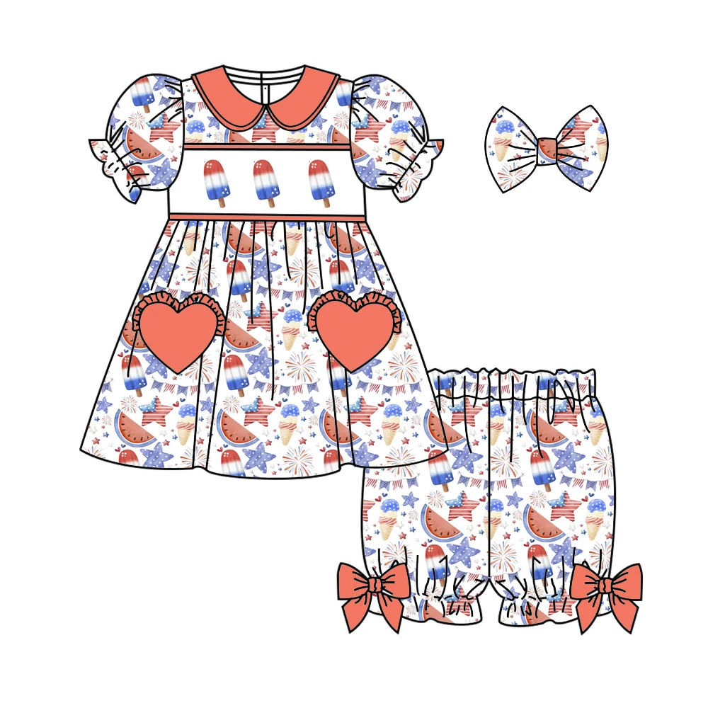 July 4th Independence Day Flag and Watermelon Print Girls' Summer Short-Sleeve Shorts Boutique Pajamas Set