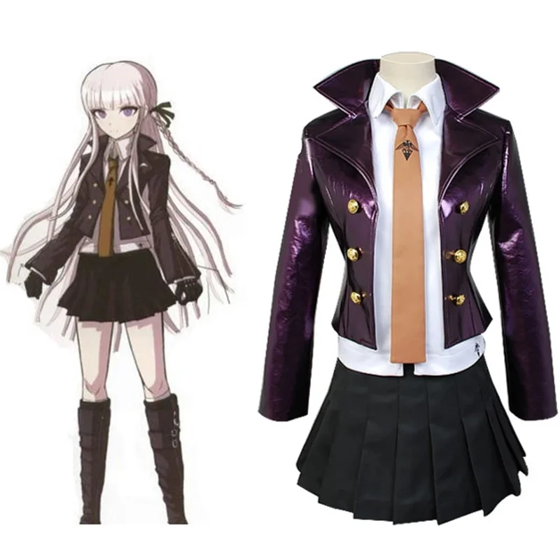 Anime Danganronpa Kyoko Kirigiri przebranie na karnawał sukienka zestaw z rękawiczkami kobiety Halloween peruka krótka spódniczka kurtka koszula krawat js6713