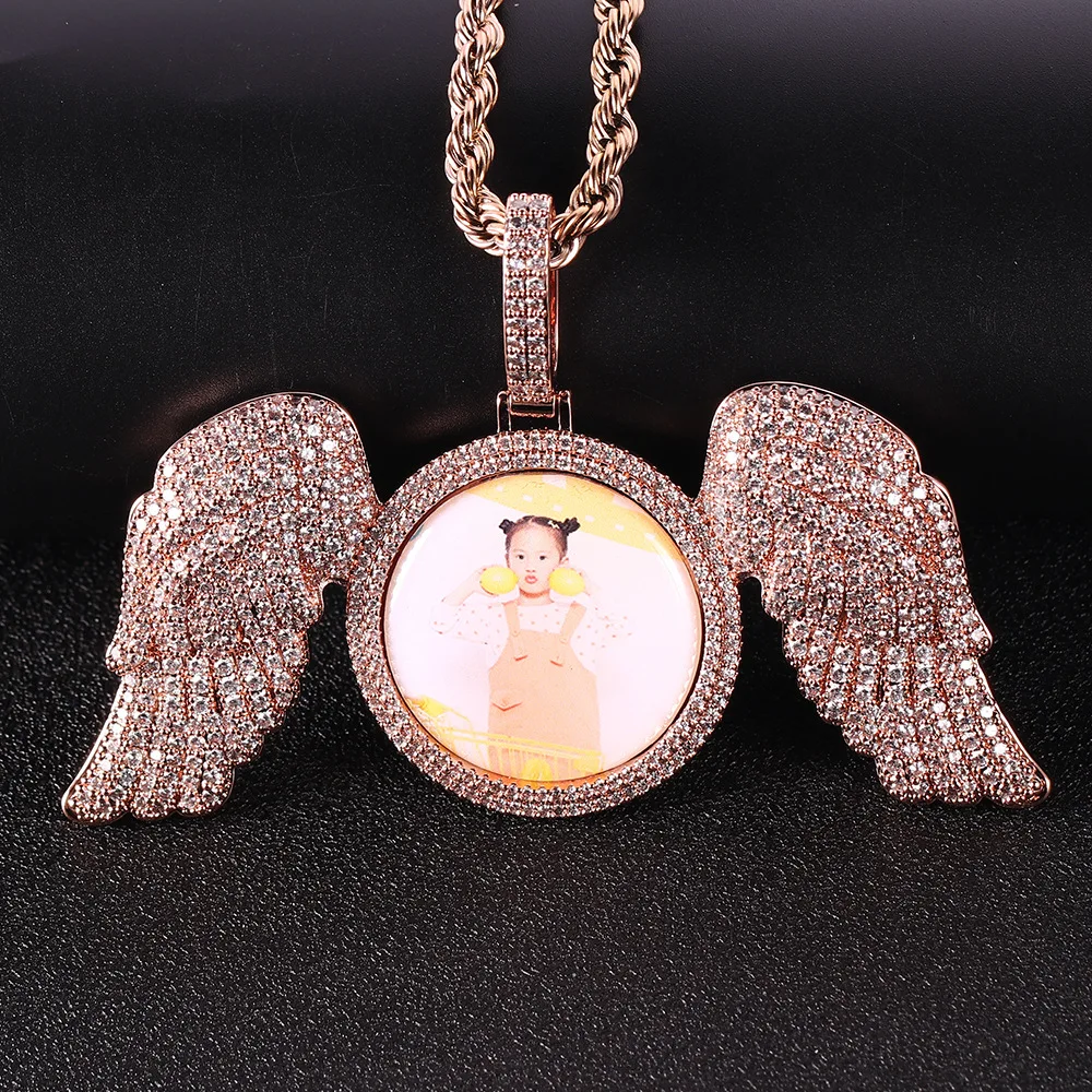 Angel Wings Large Photo Frame Pendant Full Of Zircon Jewelry Hip-Hop Necklace Jewelry