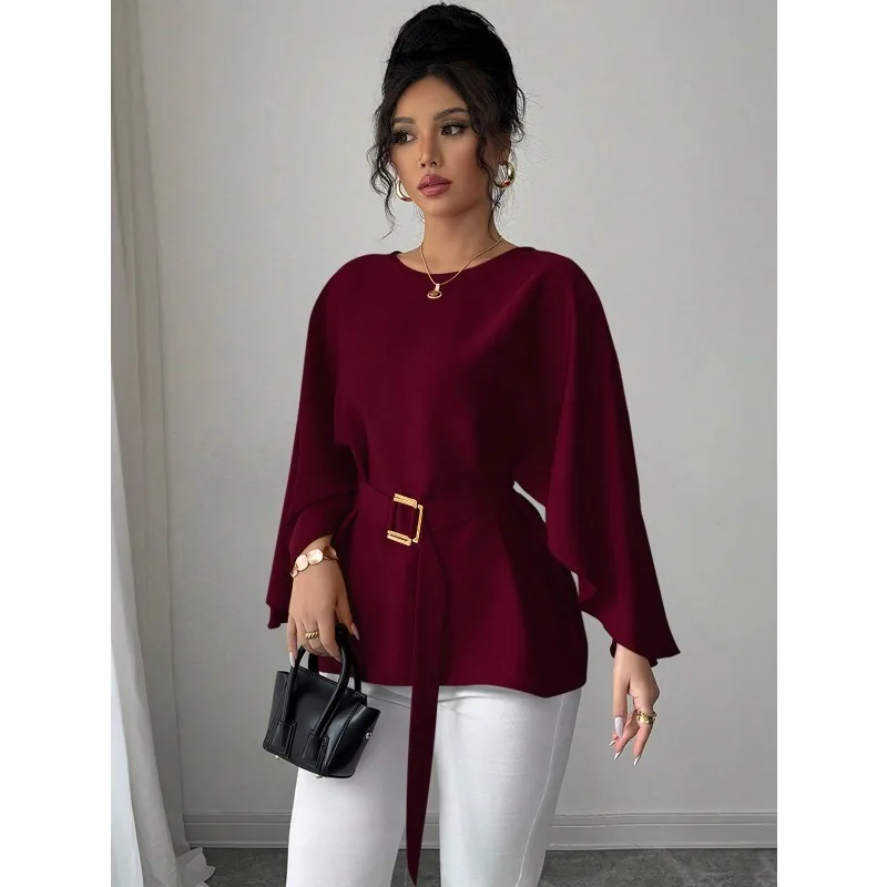 Women Round Neck Long Sleeve Blouse with Belt Loose Oversized Waist Cinched Elegant Office Commuter Solid Casual Tops view 4