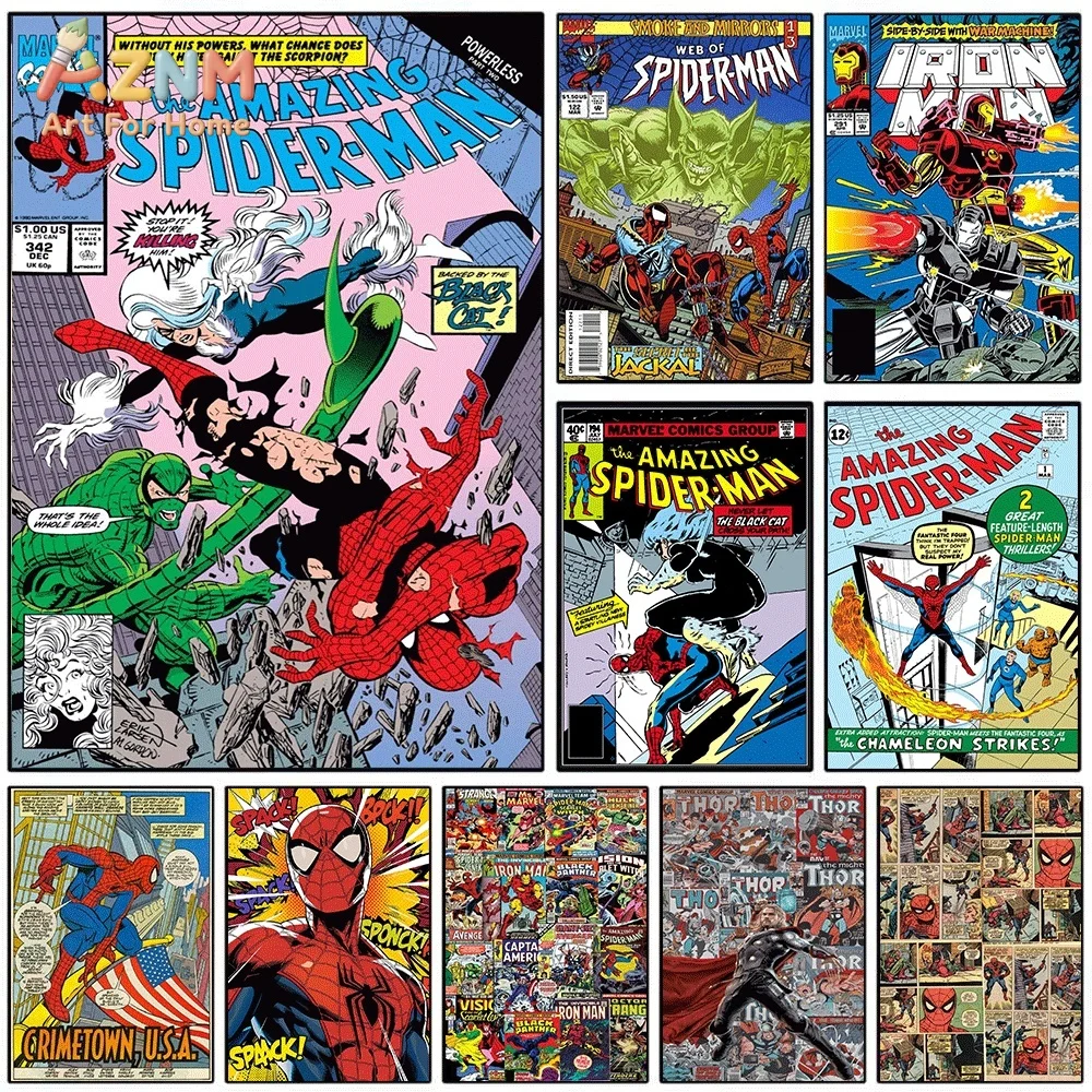 El Increíble Hombre Araña, Gato Negro, Escorpión, Póster de Arte de Pared en Lienzo Vintage de Cómics, Impresión Marvel, Cuadro para Hogar, Dormitorio, Sala de Estar