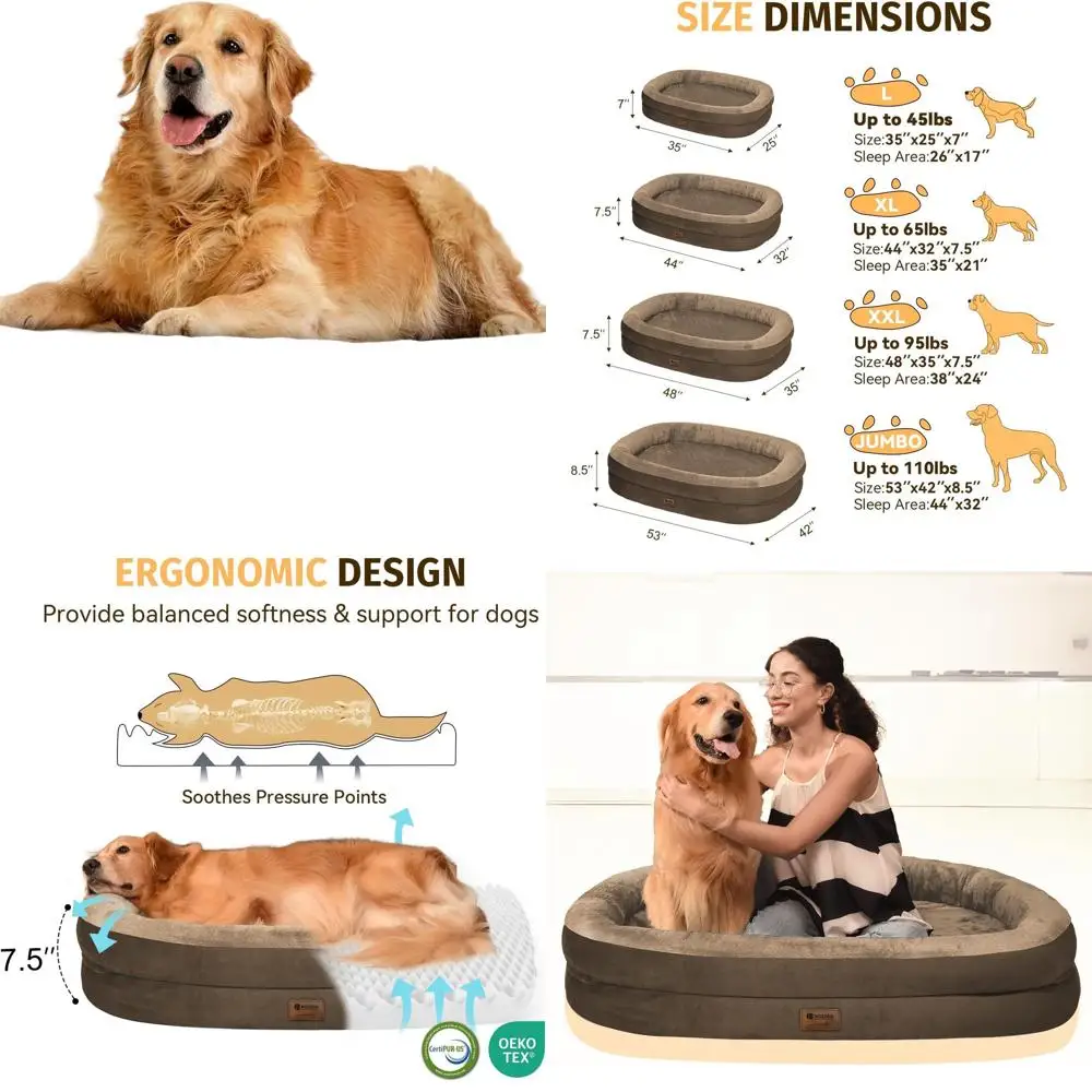 

Extra-Large Orthopedic Memory Foam Dog Bed with Washable Bolster - XL Non-Slip Cover for Medium to Large Pets - Coffee