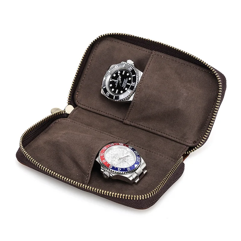 الصلبة البني خمر جلد البقر ووتش حالة 2-فتحة ووتش التخزين المنظم مع إغلاق سستة حامل الساعات المحمولة الحقيبة #5