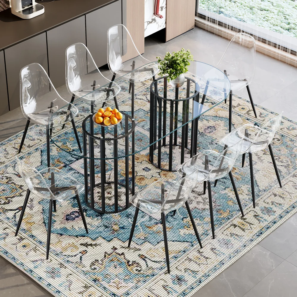 

71" Oval Tempered Glass Dining Table:Black Double Column +8 Clear Plastic Chairs Black Legs