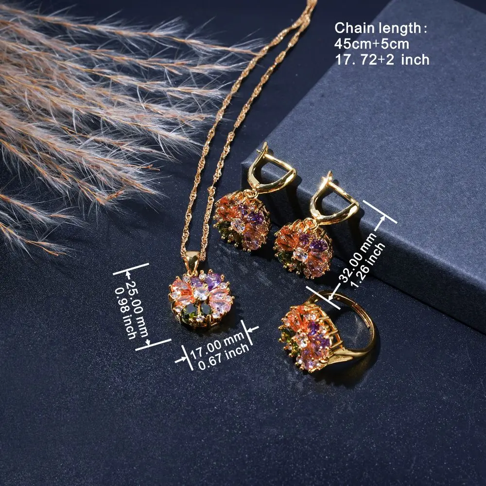 Vintage Luxury 4-Piece Jewelry Set Multicolor Zircon Flower Style Earrings, Necklace, and Ring  Gift for Wedding,