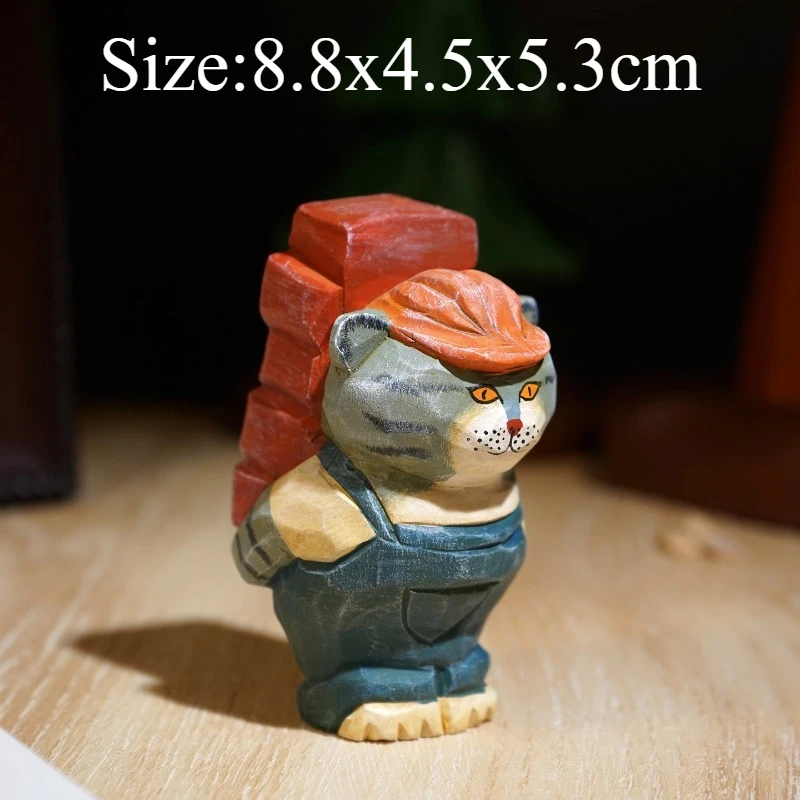 1 PC Handmade Wooden Carved Brick-Moving Cat Ornament Vintage Funny Worker Cat Figurine Wood Craft Desk Decor Home Desk Artware