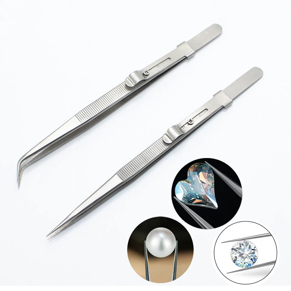 Stainless Steel Tweezers Jewelry Fixed lock Adjustable Slide lock Antistatic Tweezers DIY Diamond Gem Jewelry Making Tools