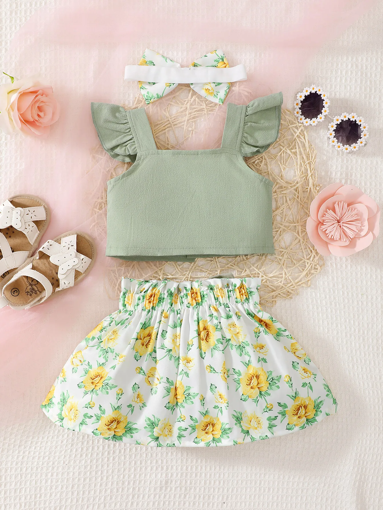 0-2 Year Old New Baby Girl Suspender Sleeveless solid Color Top Printed Bow Short Skirt Headband 3-Piece Set