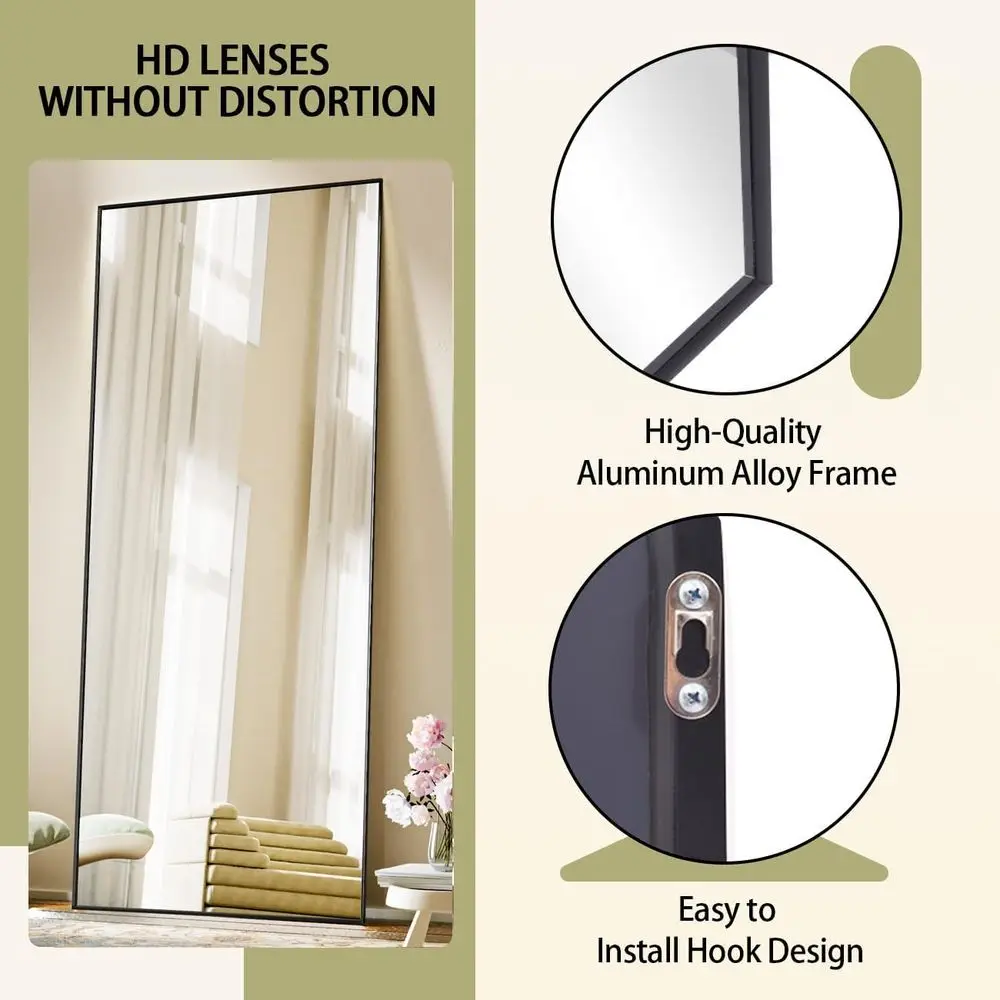 مرآة أرضية طويلة 56 × 21 بإطار من الألومنيوم، مقاومة للكسر، قائمة بذاتها أو مثبتة على الحائط، مثالية لغرفة المعيشة باللون الأسود #5