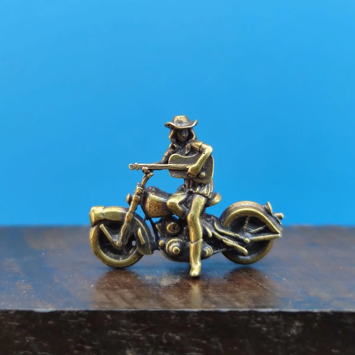 Brass Biker Girl with Guitar Figurine - Miniature Female Folk Rock Musician on Motorcycle Model, DIY Diorama Desk Decor Ornament