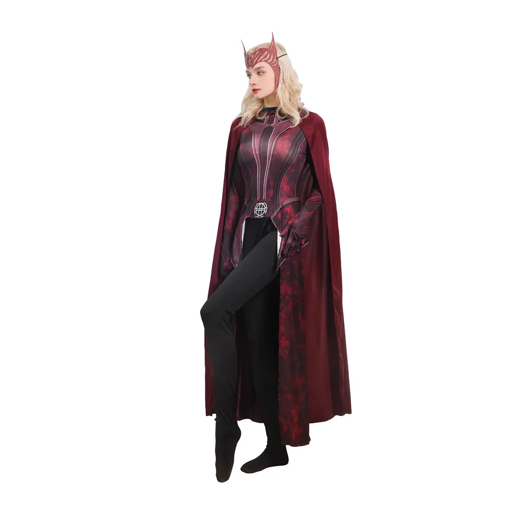 Women Girls Scarlet Witch Cosplay Halloween Costume Movie Superhero Cos Jumpsuit and Cloak Outfit for Party Carnival