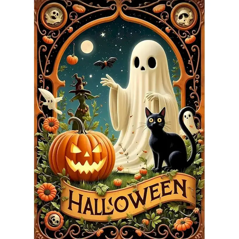 RUOPOTY Halloween-Feiertagsgeschenk, Diamantgemälde, Geist, Kürbis, schwarze Katze, voll quadratisch, rund, Diamantmosaik, Heimdekoration