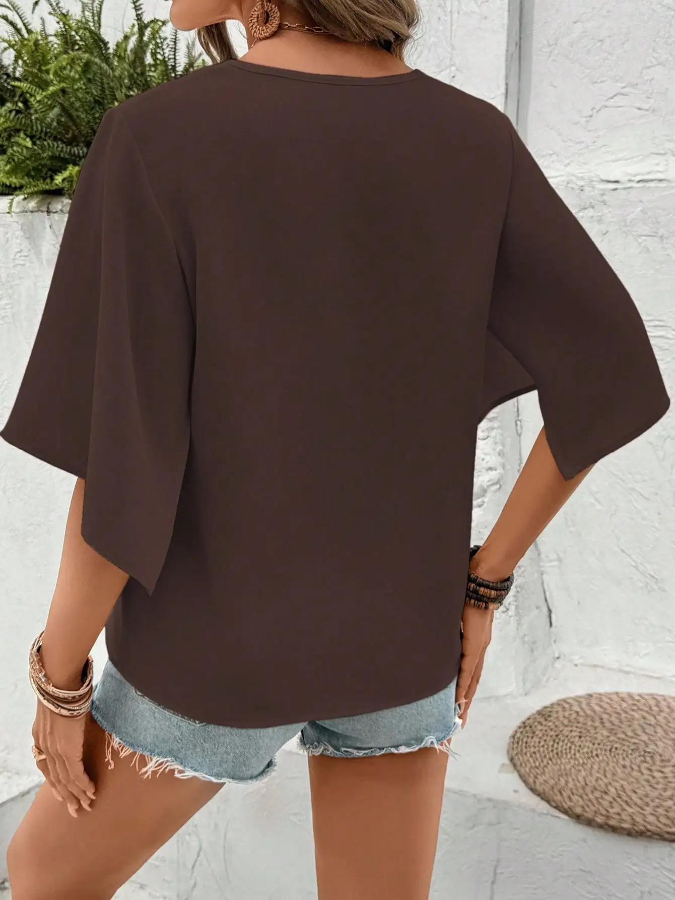 

Женская однотонная свободная повседневная блузка с V-образным вырезом и рукавами «летучая мышь»