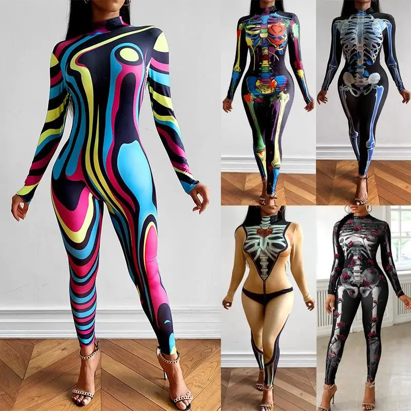 

High Waist Skeleton Print Jumpsuit Pants Long Commute Sle Women's Faion Autumn Collection No Brand Registered Trademark