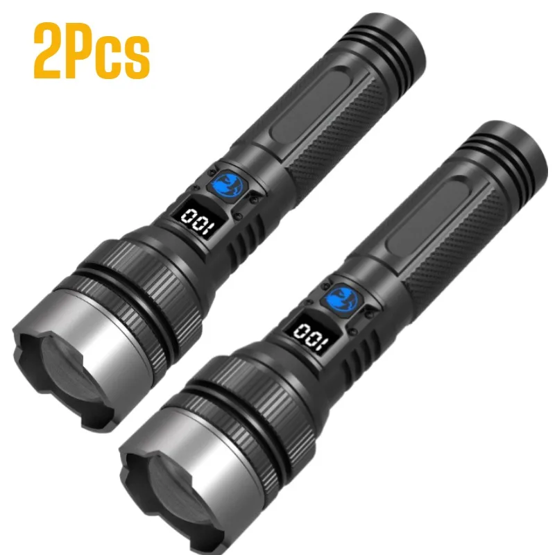 Krachtige LED-zaklamp Type-C oplaadbaar, zoombaar met digitaal display, handheld zaklamp, powerbank voor buitengebruik