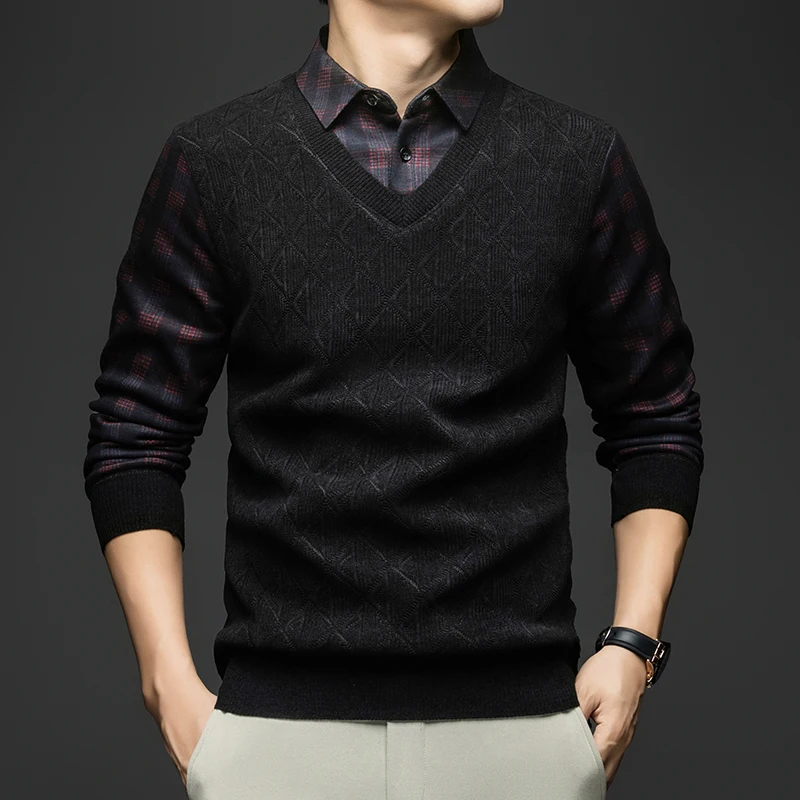 الراقية جودة الرجال التلبيب وهمية قطعتين طويلة الأكمام تريكو شتاء جديد منقوشة أفخم سماكة موضة الأعمال الرجالية