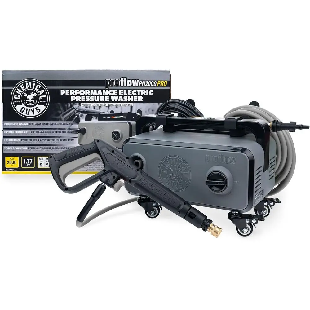 

Electric Prure Washer PM2000 PRO – 2030 PSI, 1.77 GPM, 25’ lex Hose, Compact Design, 360° Casters, Stand Contions, Cable Storage