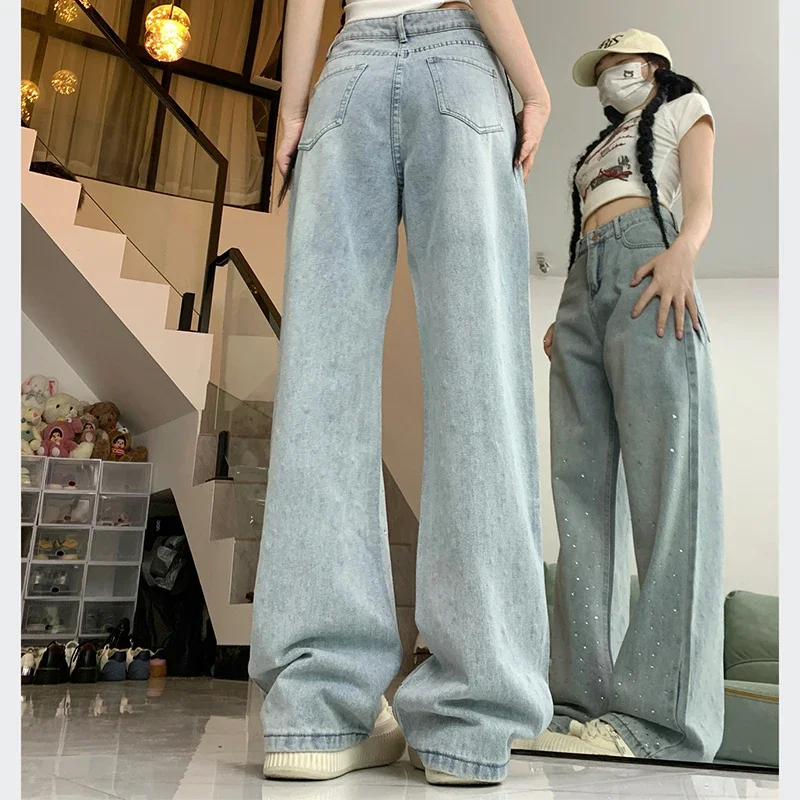 Women Designer Straight Leg Denim Pants Lady Bling Sequins Loose Comfortable Wide Leg Jeans Girls y2k 2000s Light Blue Trousers