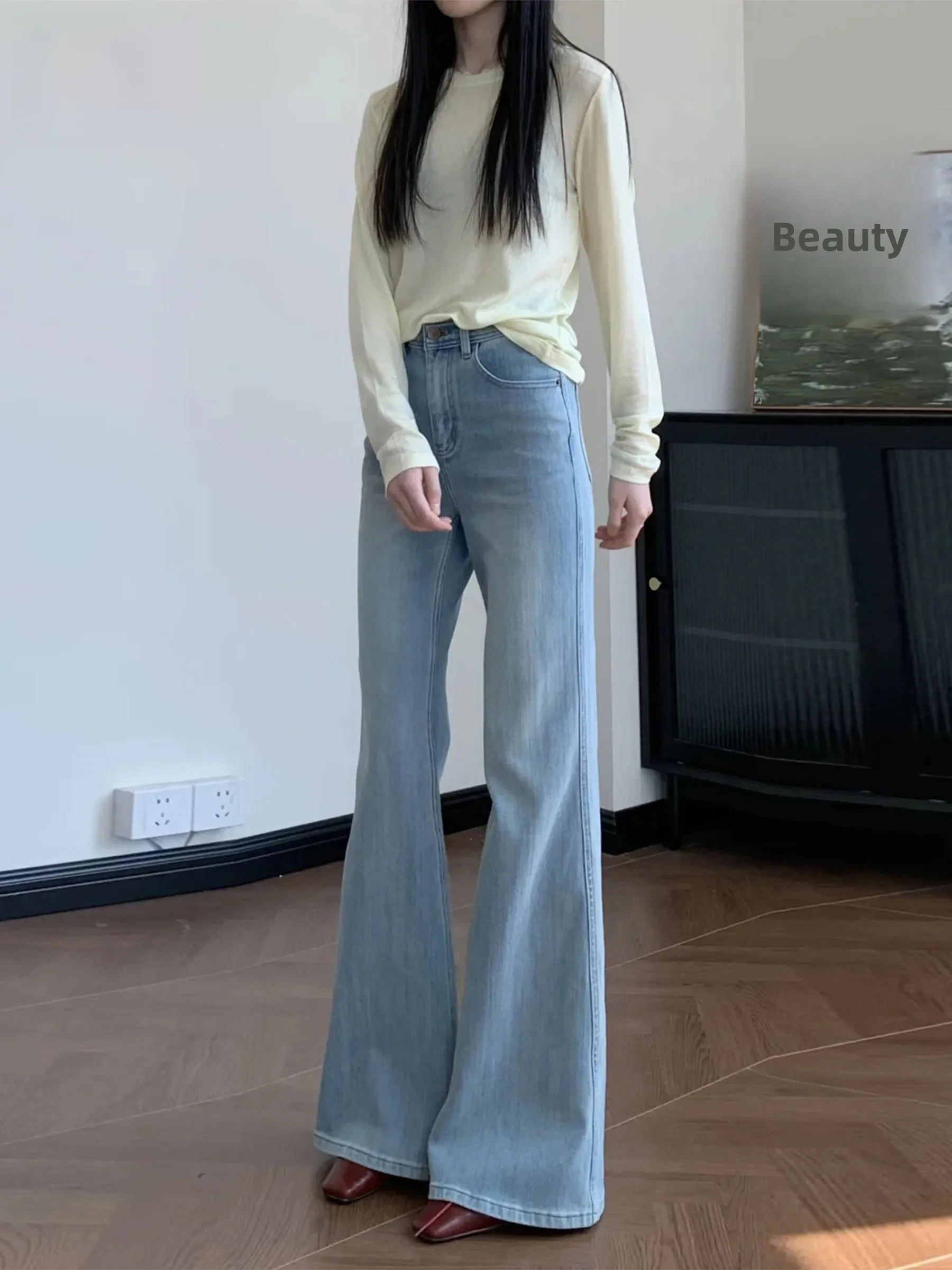

Джинсы-клеш с высокой талией Slim Fit для женщин, светло-голубые, в американском стиле, повседневные, модные, весна-лето
