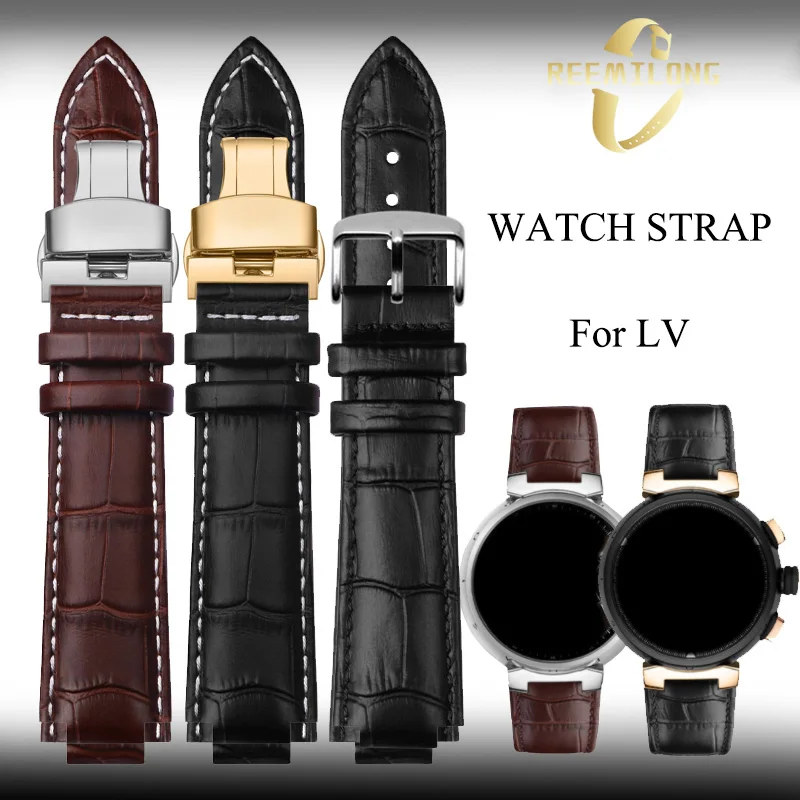 Cowhide lea/ther watch strap 18*10 21*12mm Convex joint black brown white lines men women watchband For Louis Vuitton LV Tambour