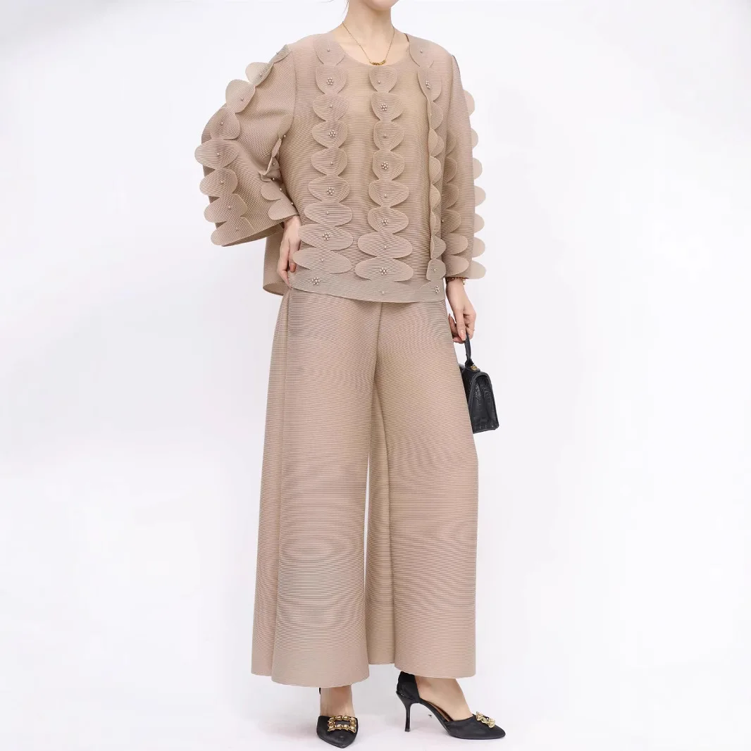 

Miyake Fashion Pleated Suit 2025 Spring New Solid Color Patch Bead Top High Waist Stretch Wide-leg Pants Two-piece Set