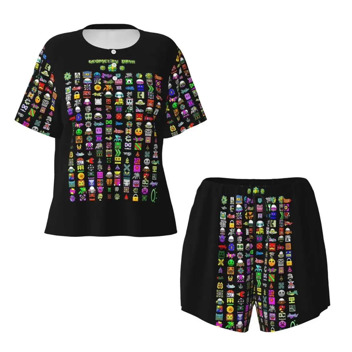 

Geometry Dash Round Neck Short Sleeves Nightdress for Sleeping Sleepshirts Women Loose Pajama Set Short Pants