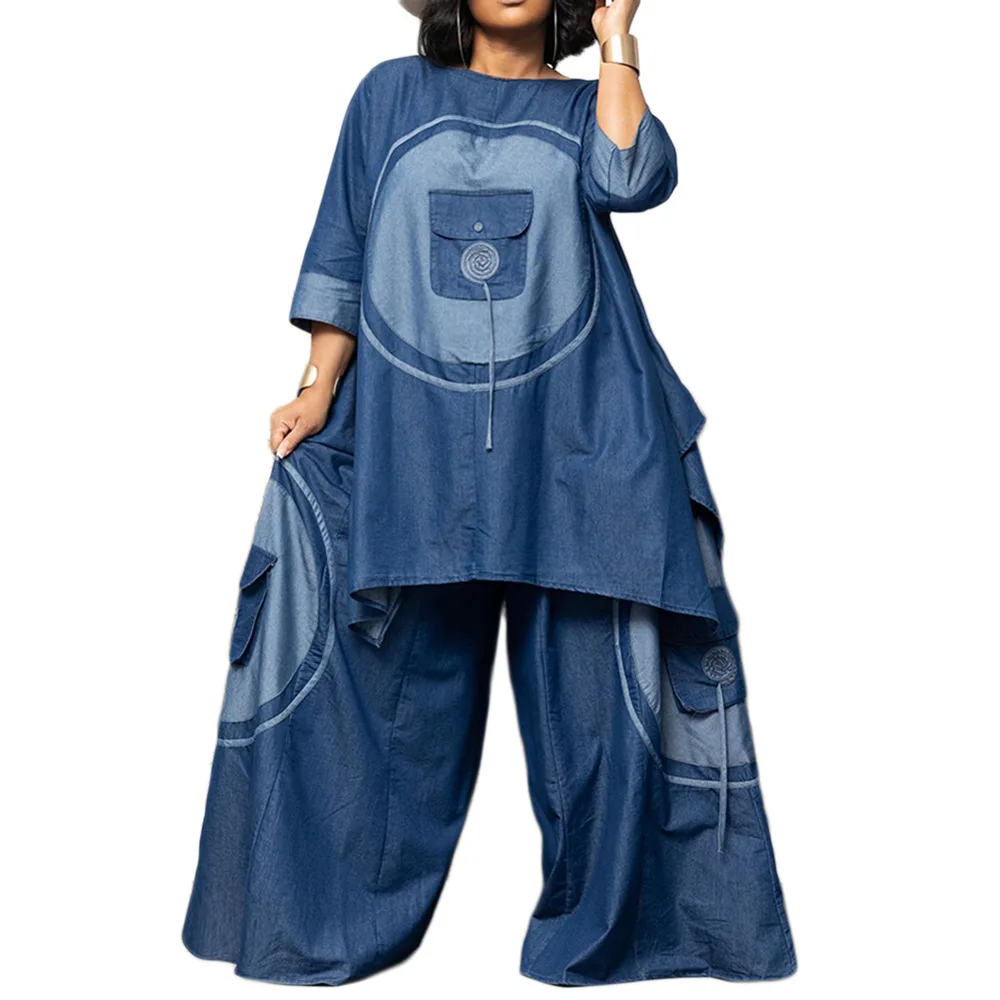 

SuperAen Large Pockets Imitation Denim Oversize Shirt Wide Leg Pants Two Pieces Set