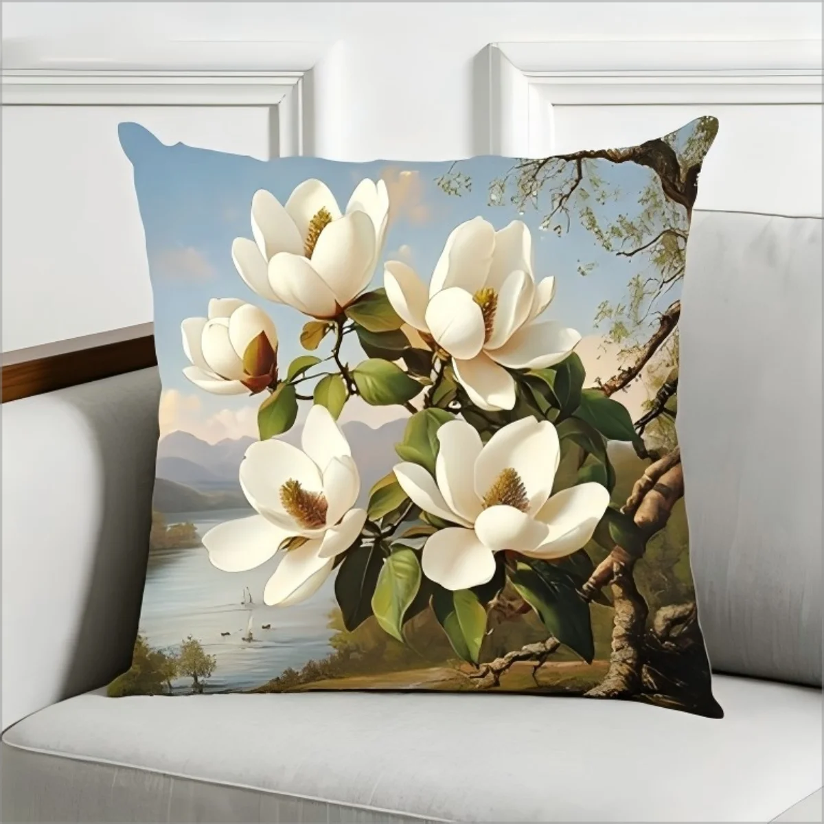 Vintage-Kissenbezug mit Magnolienblüten-Druck, dekorativer Kissenbezug mit floralem Landschaftsmotiv für Sofa und Schlafzimmer